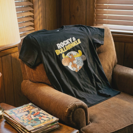 Black Rocky and Bullwinkle retro cartoon graphic t shirt on unisex cotton tee