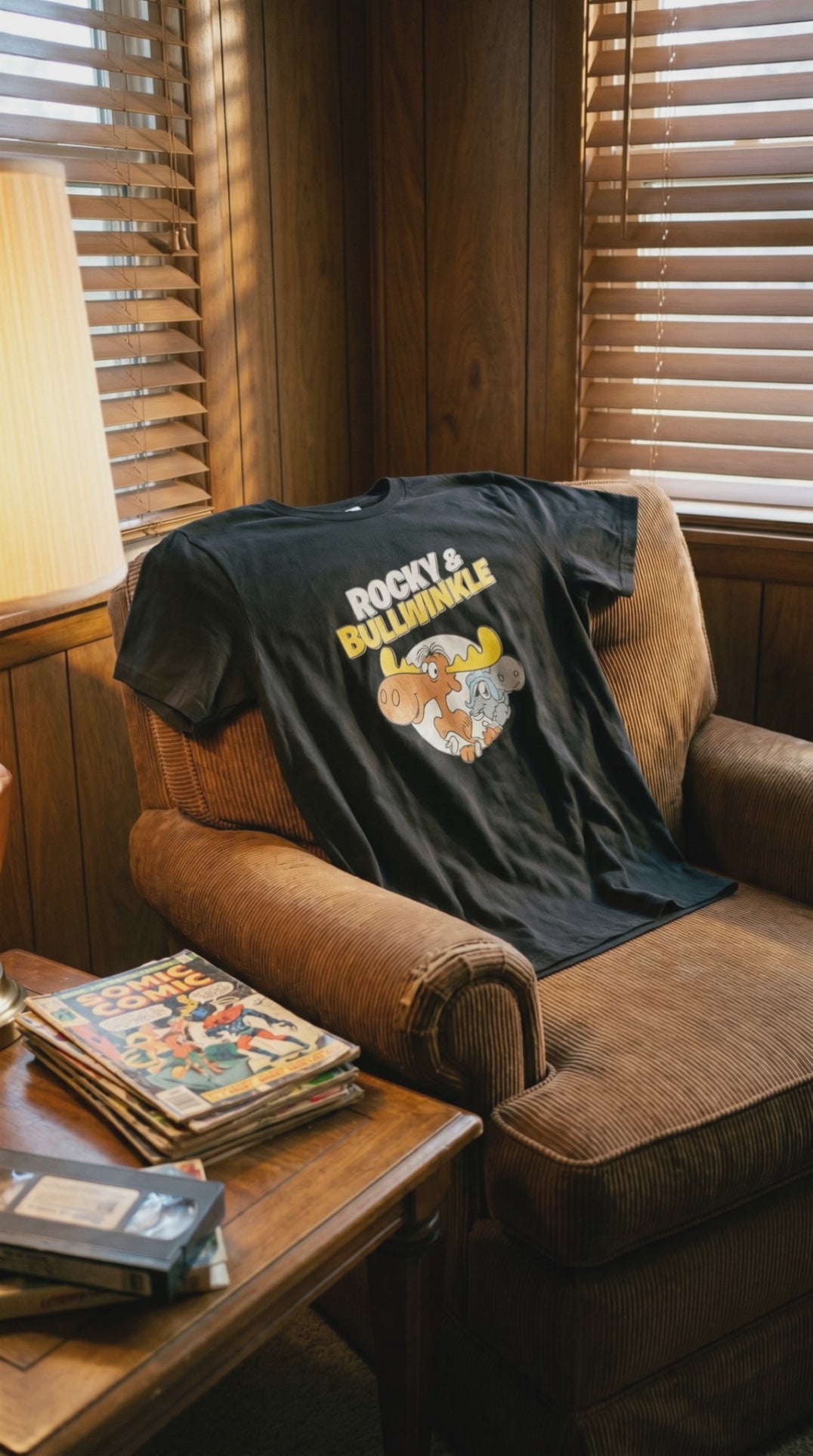 Black Rocky and Bullwinkle retro cartoon graphic t shirt on unisex cotton tee