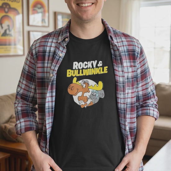 Black Rocky and Bullwinkle retro cartoon graphic t shirt on unisex cotton tee