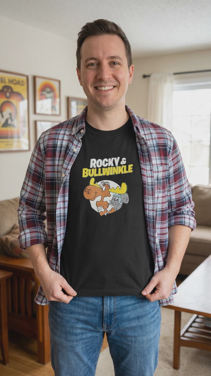 Black Rocky and Bullwinkle retro cartoon graphic t shirt on unisex cotton tee