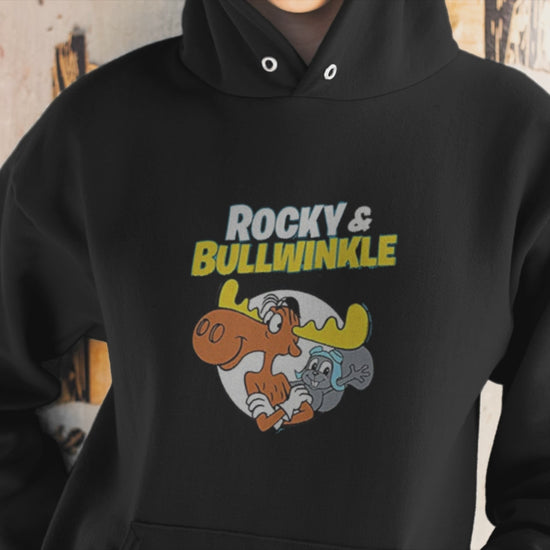 Black Rocky and Bullwinkle retro cartoon unisex hoodie with vintage graphic print