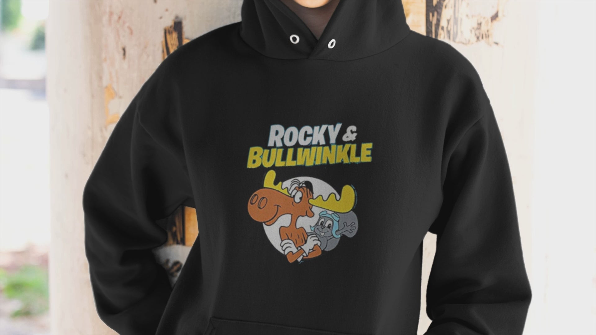 Black Rocky and Bullwinkle retro cartoon unisex hoodie with vintage graphic print