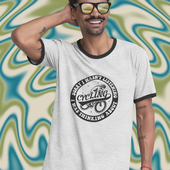 Retro Cycling Ringer T-Shirt: Vintage Cyclist Graphic Tee | Funny Cycling Shirt | Soft Cotton Bike Ride Apparel
