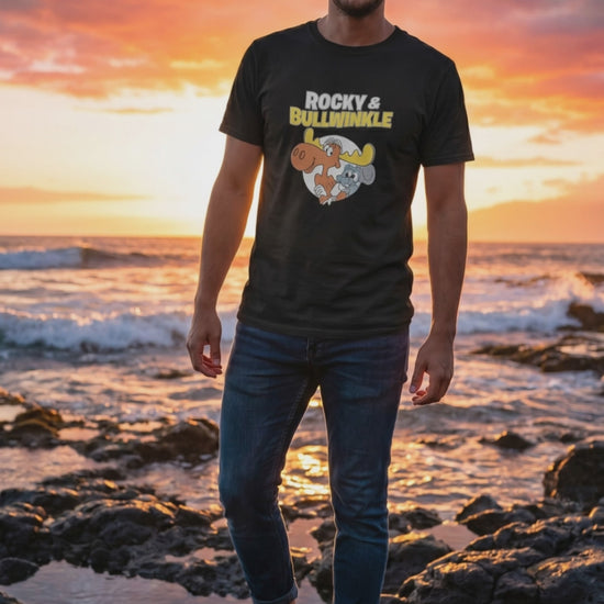Black Rocky and Bullwinkle retro cartoon graphic t shirt on unisex cotton tee