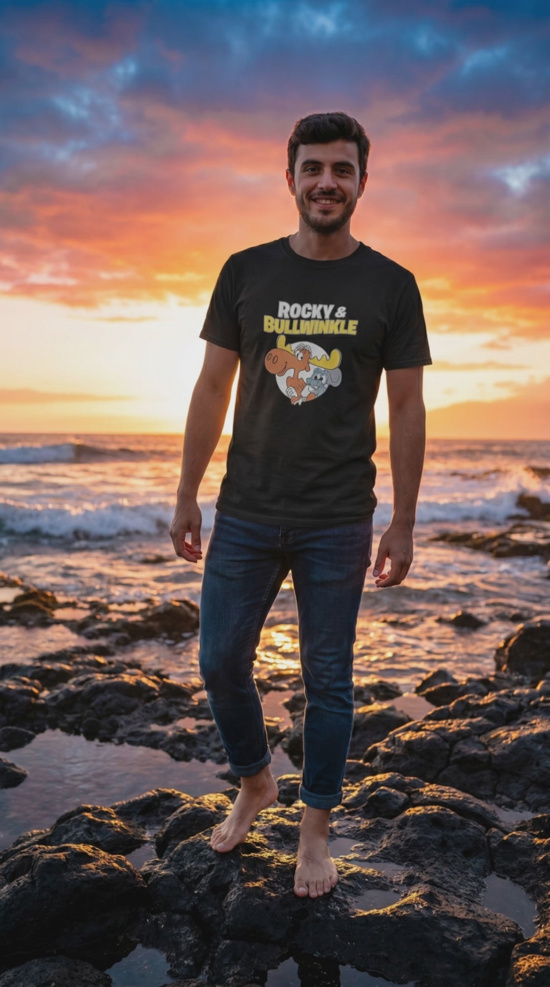 Black Rocky and Bullwinkle retro cartoon graphic t shirt on unisex cotton tee
