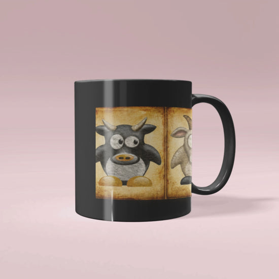 Black ceramic farm animal coffee mug featuring vintage goat pig and sheep artwork on a farmhouse-inspired design.