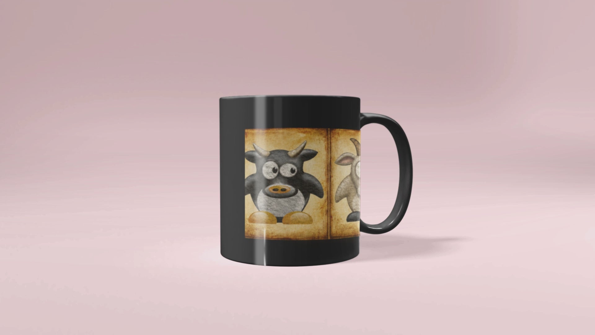 Black ceramic farm animal coffee mug featuring vintage goat pig and sheep artwork on a farmhouse-inspired design.
