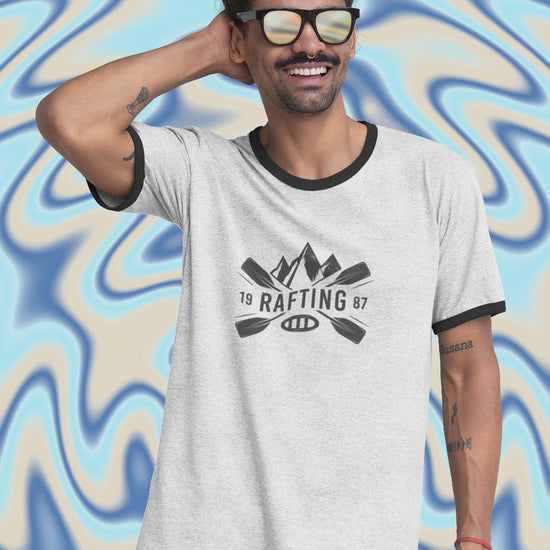 Retro Rafting Ringer T-Shirt | Vintage River Raft Graphic Tee | Lightweight Outdoor Adventure Shirt for Rafters