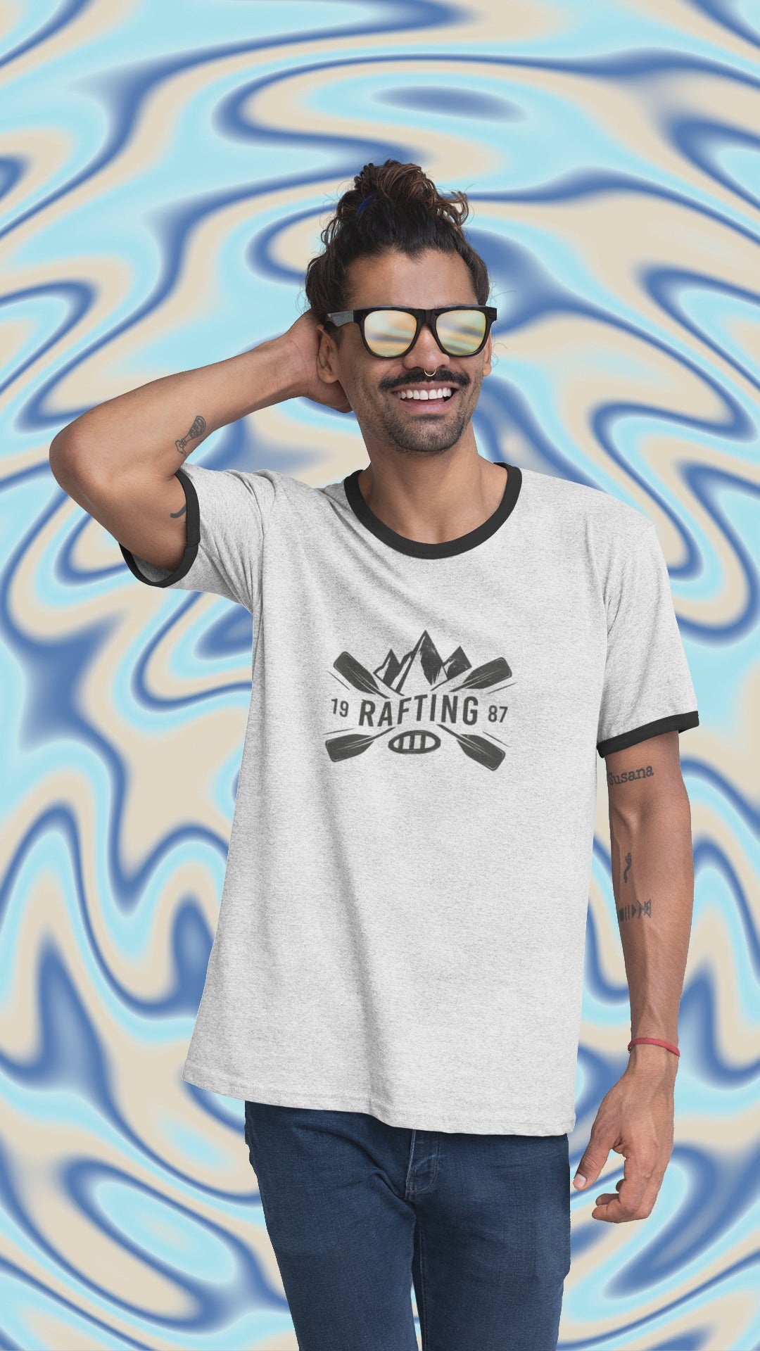 Retro Rafting Ringer T-Shirt | Vintage River Raft Graphic Tee | Lightweight Outdoor Adventure Shirt for Rafters