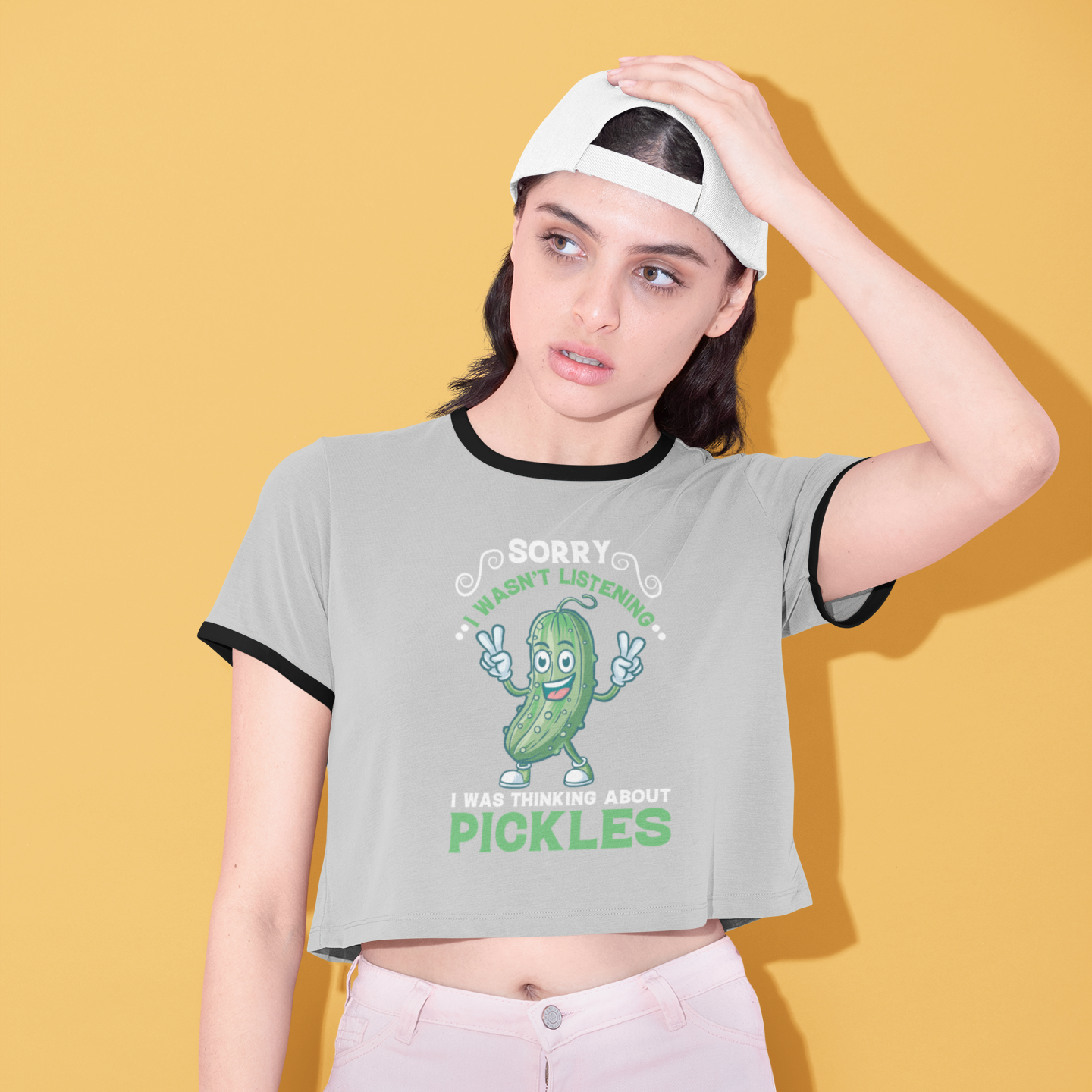 Sorry I Wasn’t Listening, I Was Thinking About Pickles Cropped Ringer Tee | 70s Style Crop T Shirt