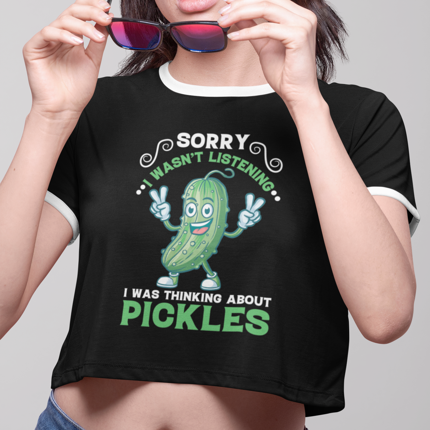 Sorry I Wasn’t Listening, I Was Thinking About Pickles Cropped Ringer Tee | 70s Style Crop T Shirt