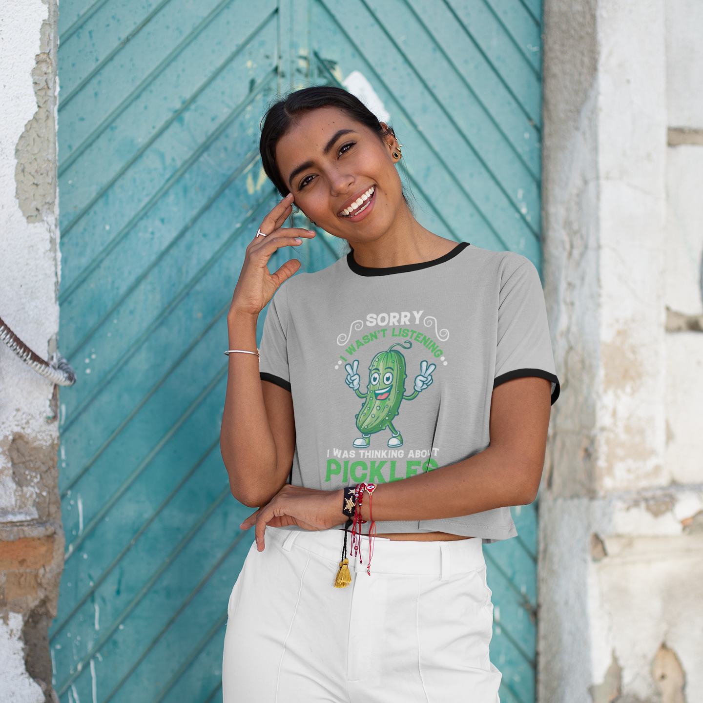 Sorry I Wasn’t Listening, I Was Thinking About Pickles Cropped Ringer Tee | 70s Style Crop T Shirt