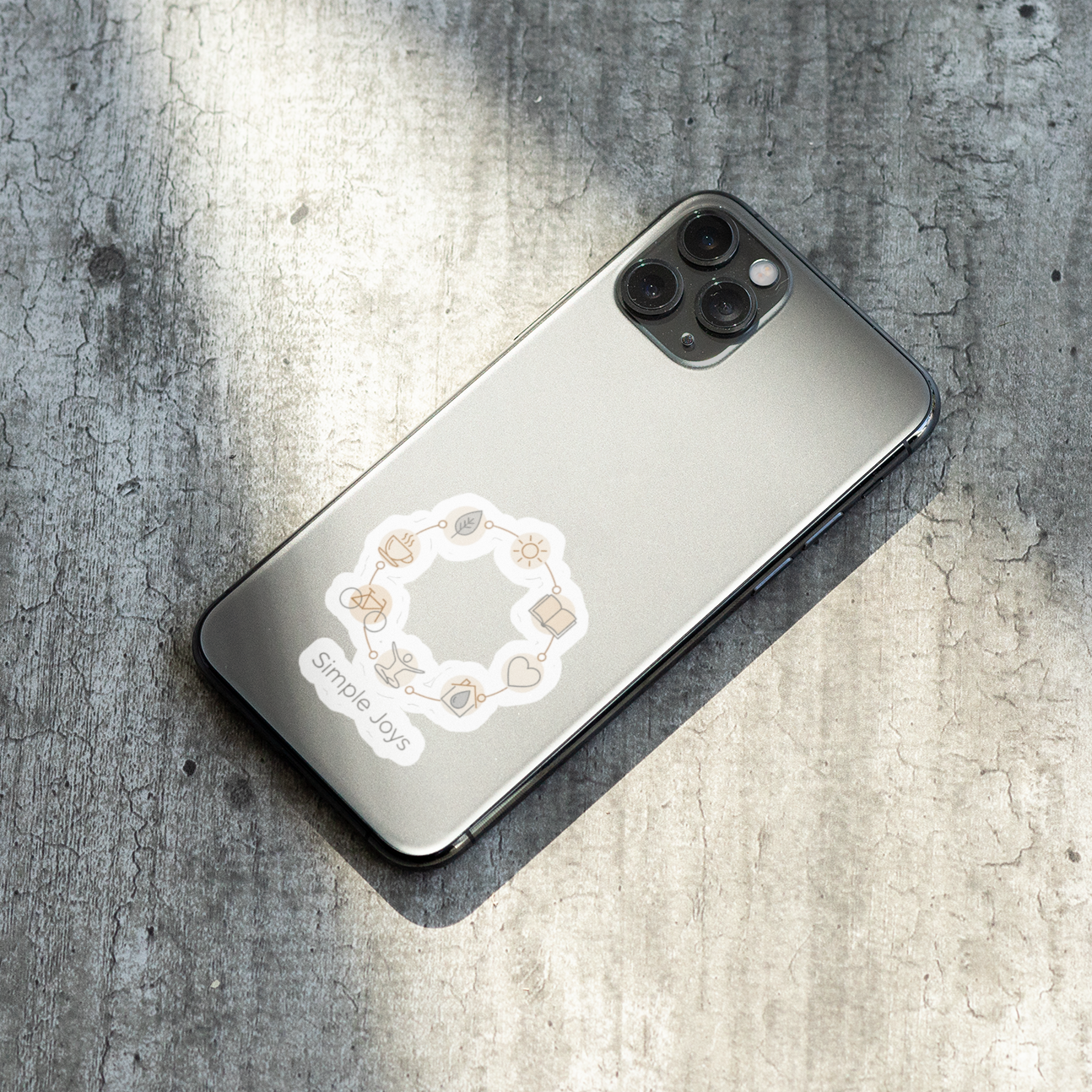 Minimalist “Simple Joys” one-line art sticker featuring Scandinavian line icons of the sun, leaf, book, tea, heart and bicycle. Aesthetic vinyl sticker perfect for laptops, journals, planners and minimalist decor.