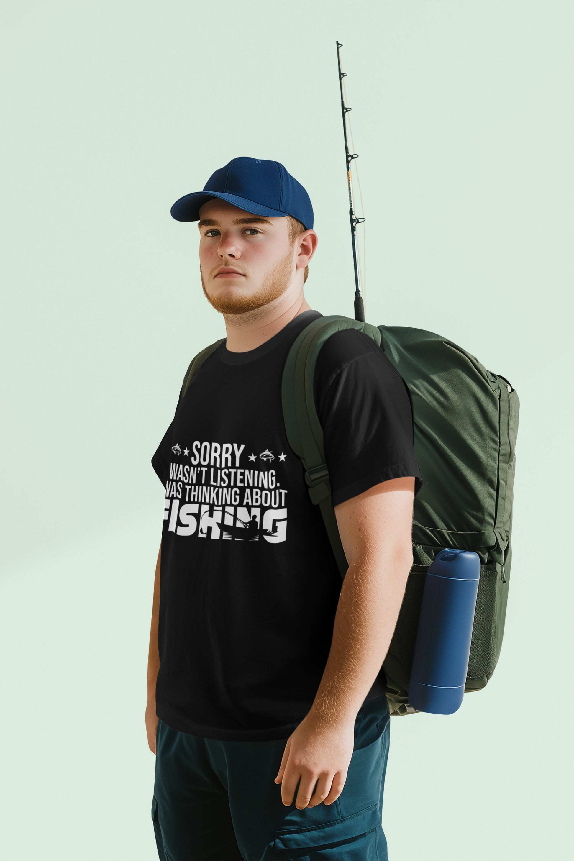 Man wearing a black t-shirt with fishing-themed text, green backpack, and blue cap against a light green background.
