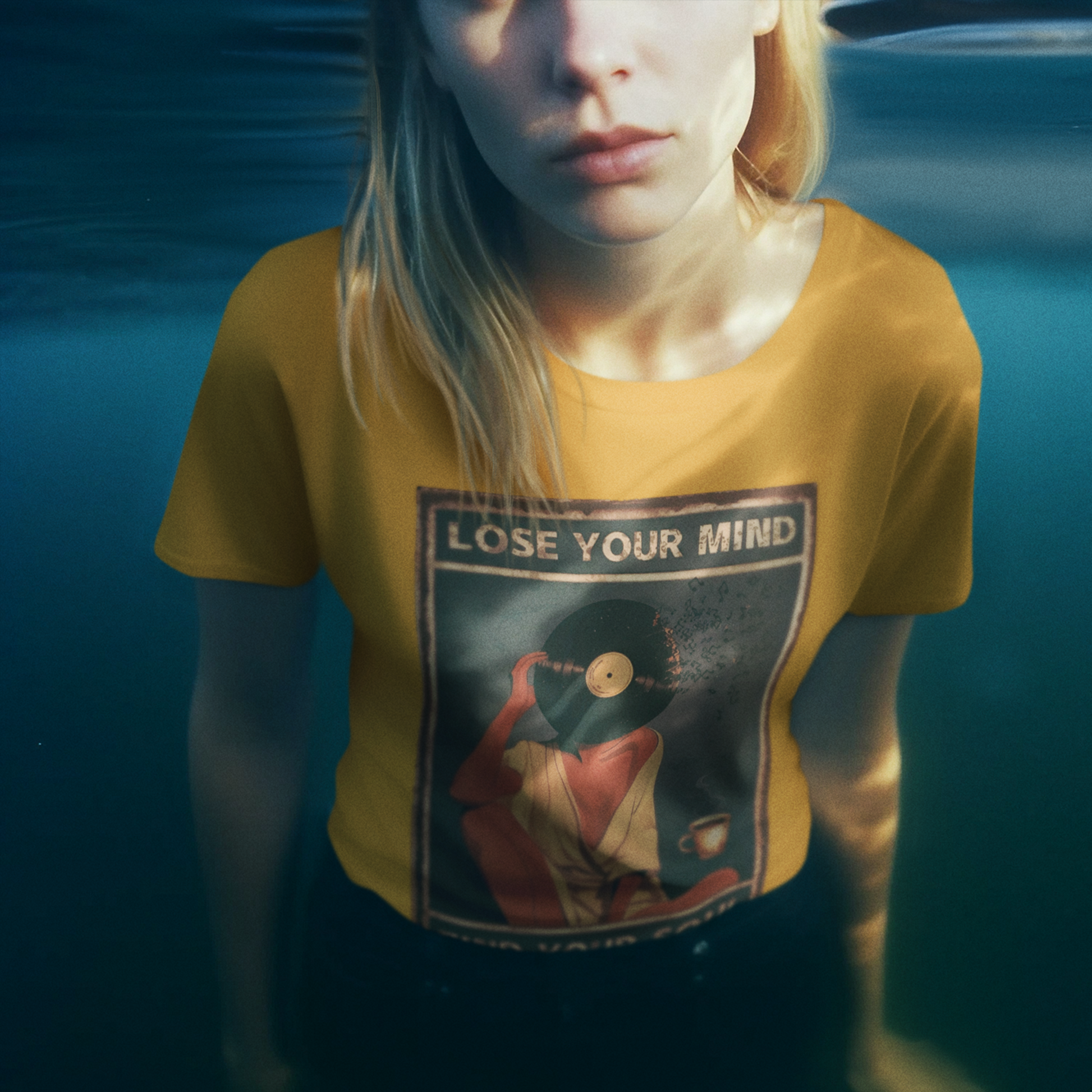 aesthetic music graphic tee with record head illustration