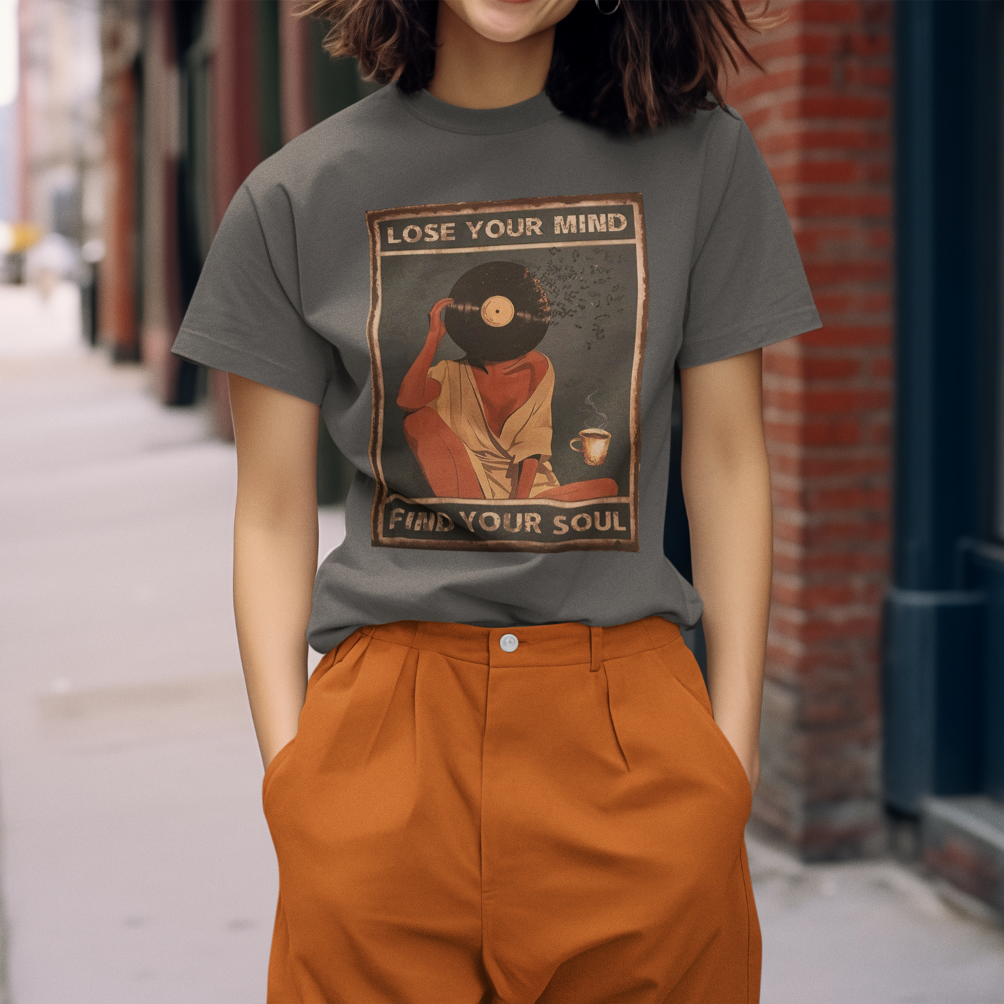 aesthetic music graphic tee with record head illustration